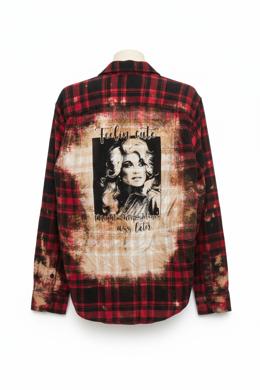 Trestles Clothing Company upcycled red and black plaid flannel shirt with a bleached back graphic of Dolly Parton.